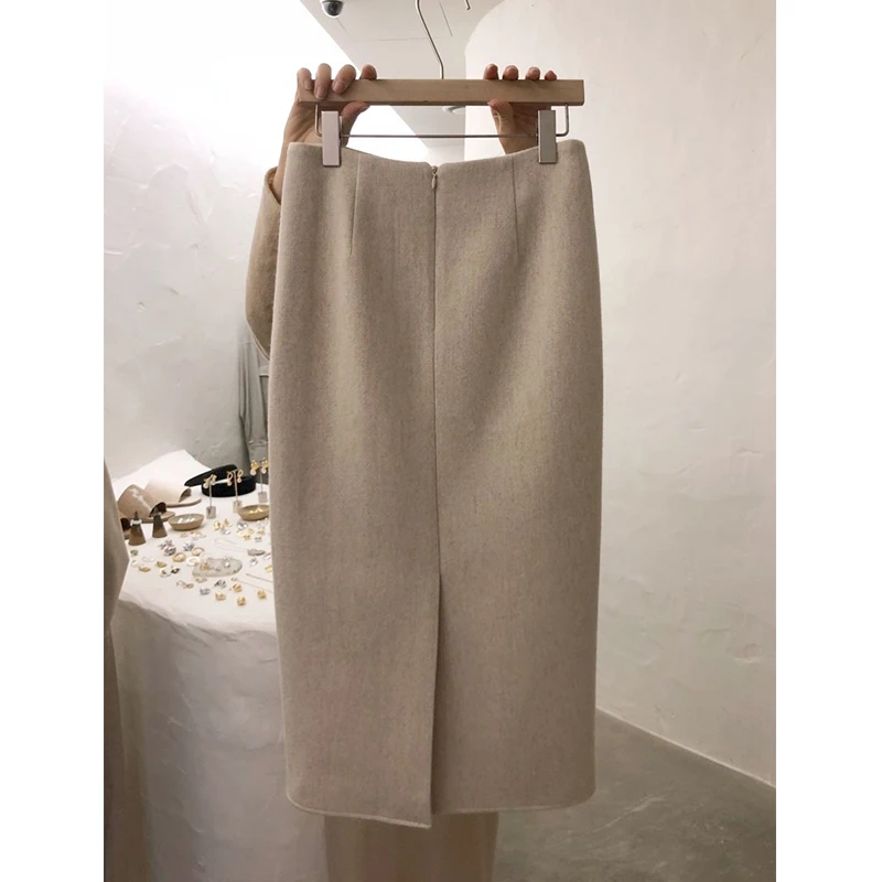 High Waist Midi Woolen Skirt Women's Autumn Winter Fashion Brand Buckle Euro Style One Step Wrap around Skirt Commute Vintage