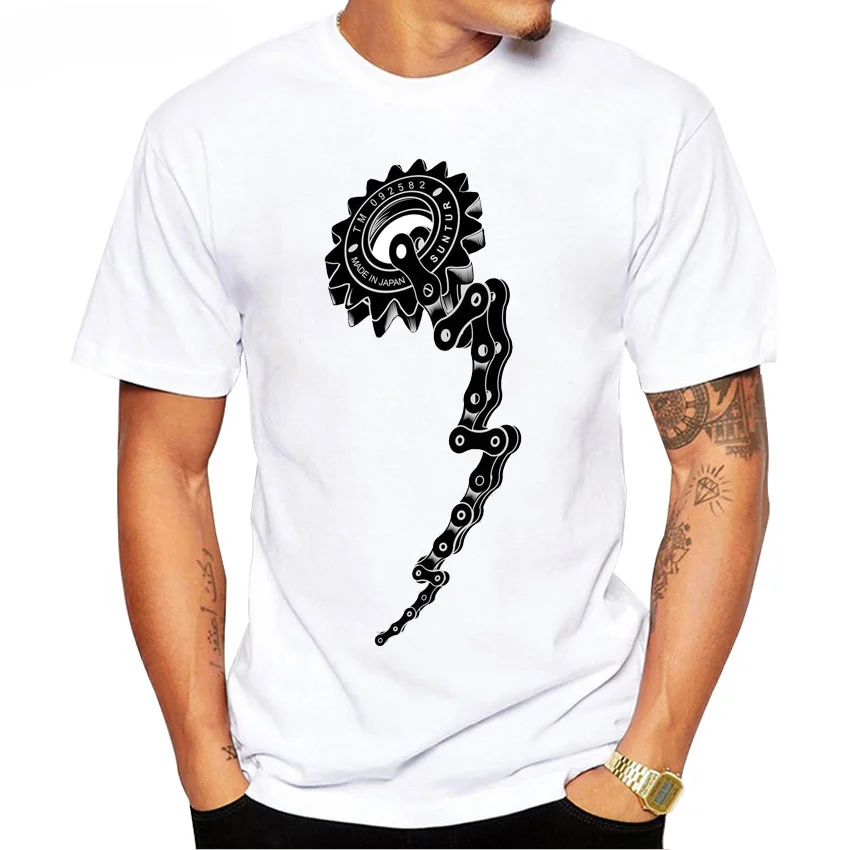 My first sprocket and chain for my first BMX bike Skull tattoo design T-Shirt Summer Men Short Sleeve Cycling White Tees Tops