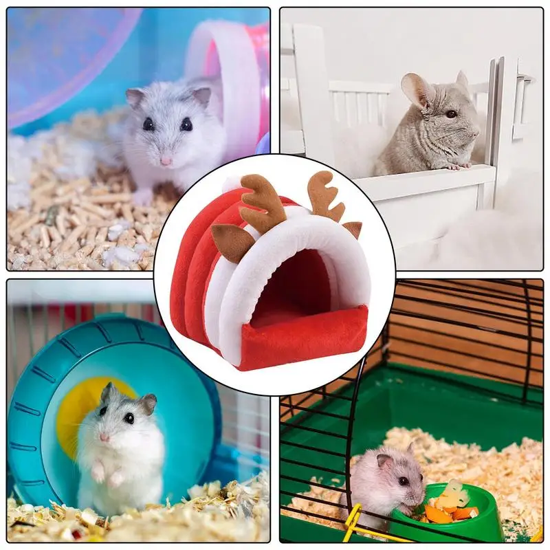 Christmas Hamster Hideout, Winter Warm Guinea Pig Bed Cave Washable Small Animal Christmas Nest House Cage Accessory