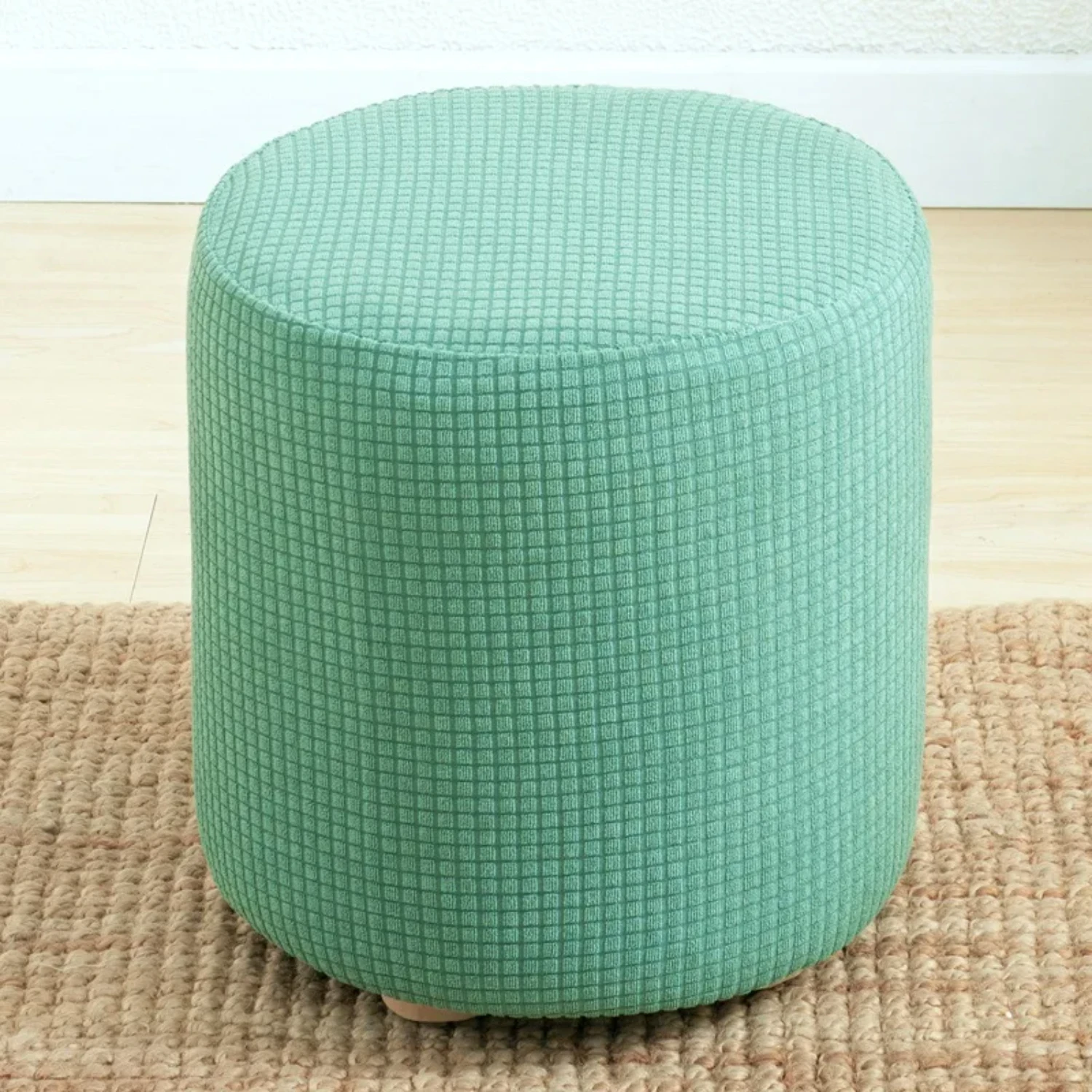 Elegant 2022 Round Shape Waffle Textured Jacquard Solid Velvet Footstool Cover - Premium Footstool Footrest Protector with Elast