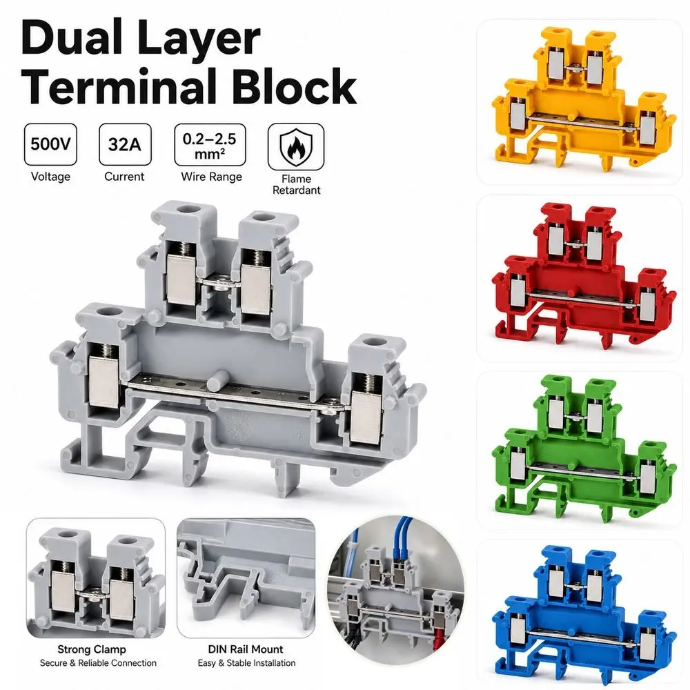 2.5mm Electrical Terminal Block 4-Conductor Universal Wire Connector Double Level Din Rail Mount Screw Terminal Block