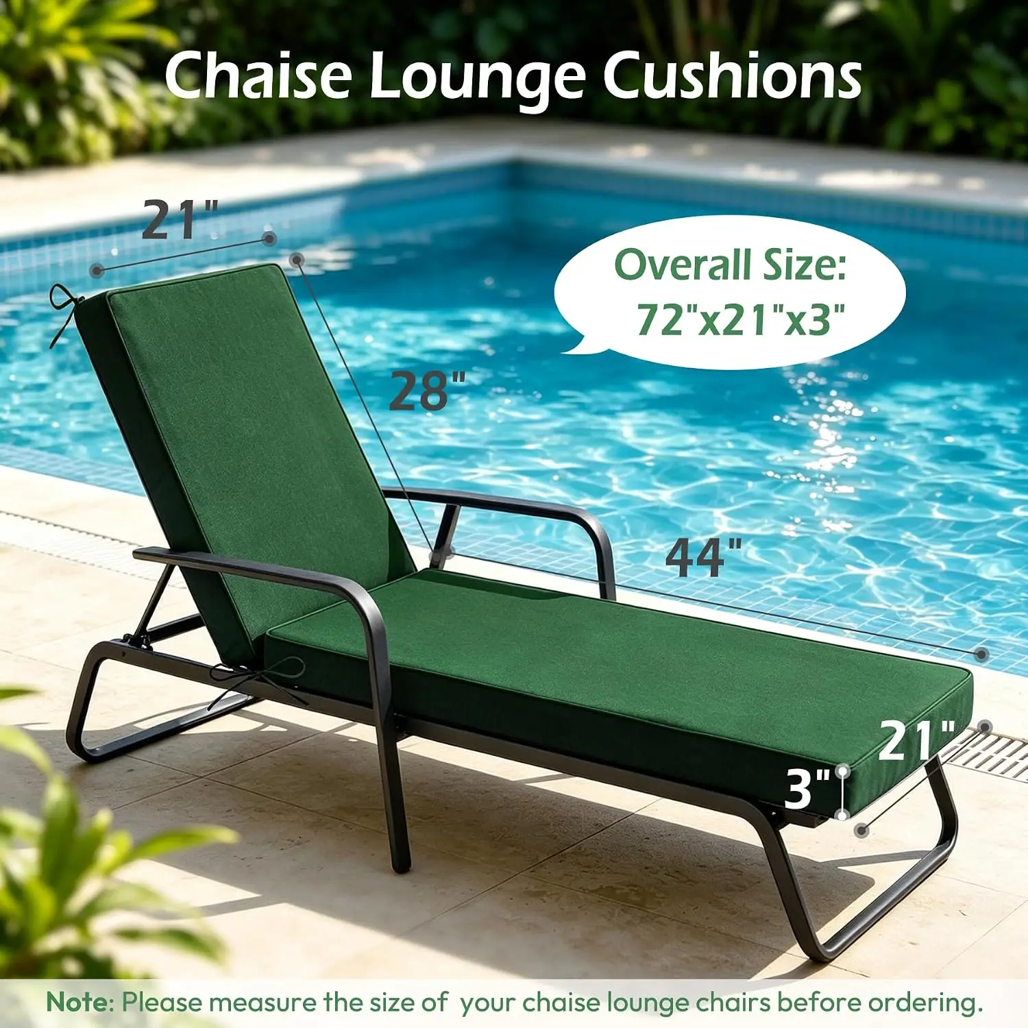 Chaise Lounge Cushions Outdoor Set Of Two Waterproof Fade Resistant Patio Lounge Chair Cushion Weather Resistant Pool Lounger Cushion Set Beach Lawn Sunbed Cushion Forest Green