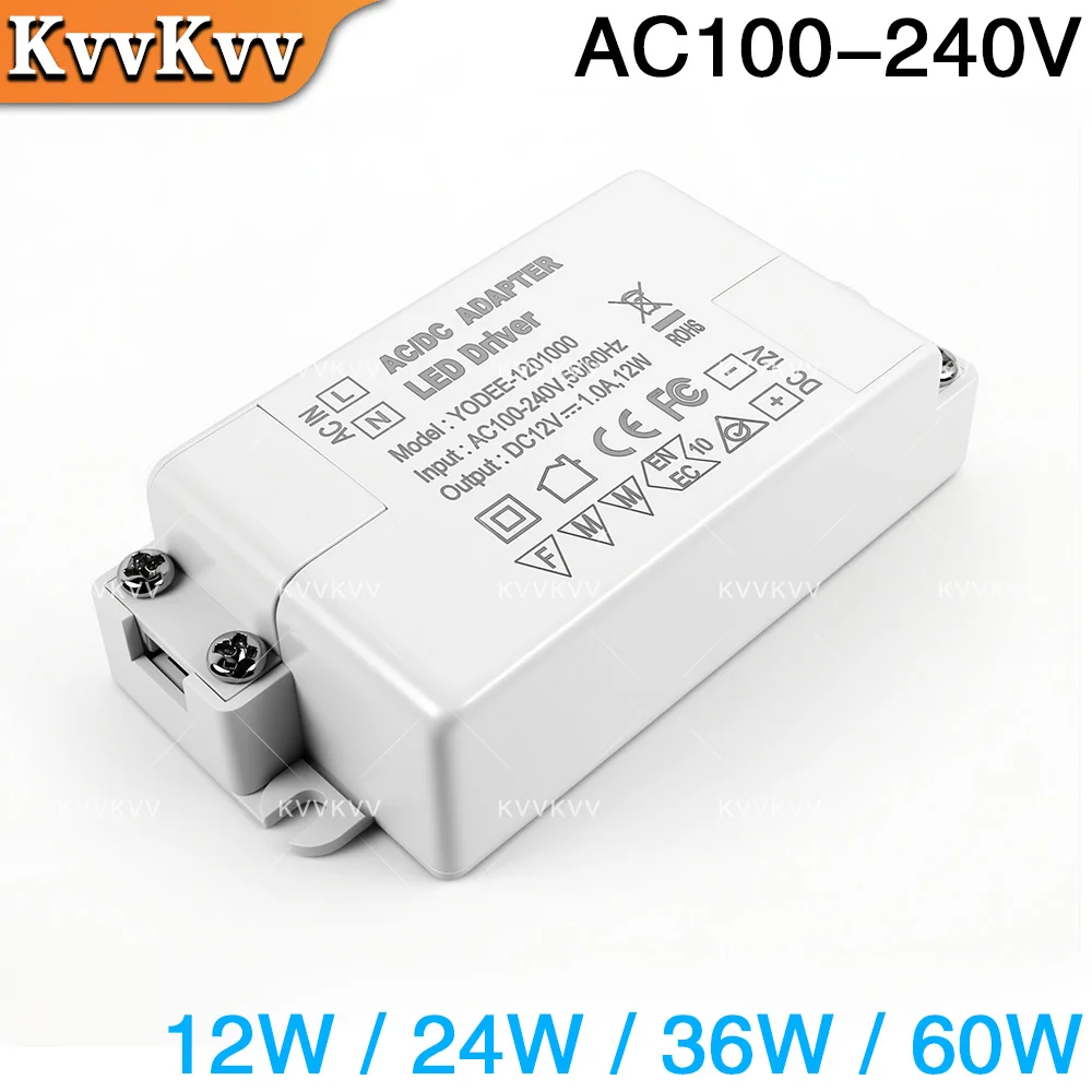 

Светодиодный драйвер переменного тока 100 В-240 В, 12 Вт, 24 Вт, 36 Вт, 60 Вт, трансформатор DC12V, источник питания для светодиодных лент «сделай сам», светодиодные проекты постоянного напряжения
