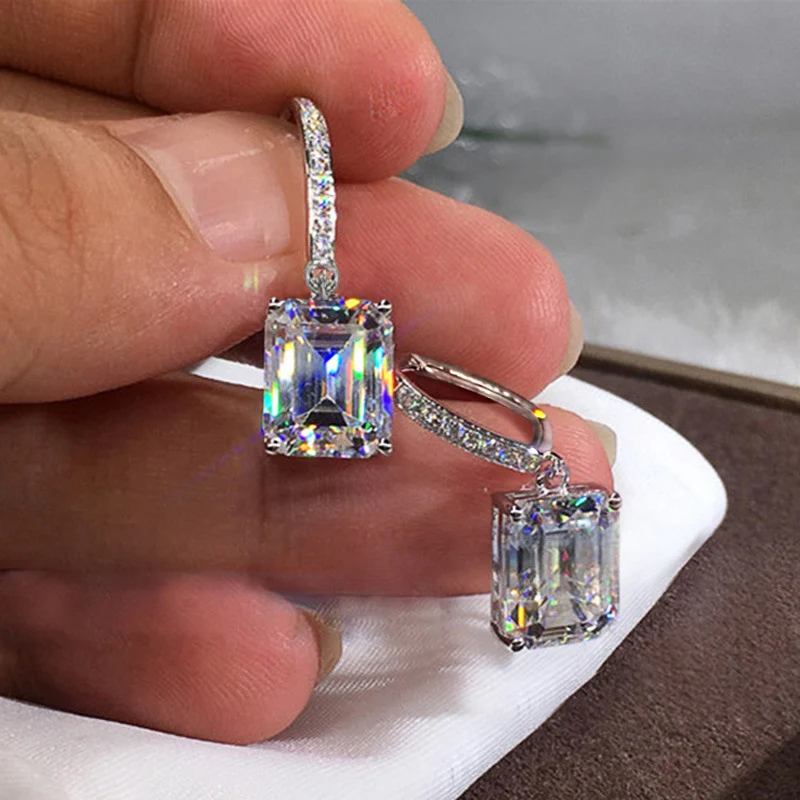 Huitan Classic 4 Claws Square Shape Women Drop Earring with Small Hoop Ladies Earring Shine Cubic Zirconia High Quality Jewelry