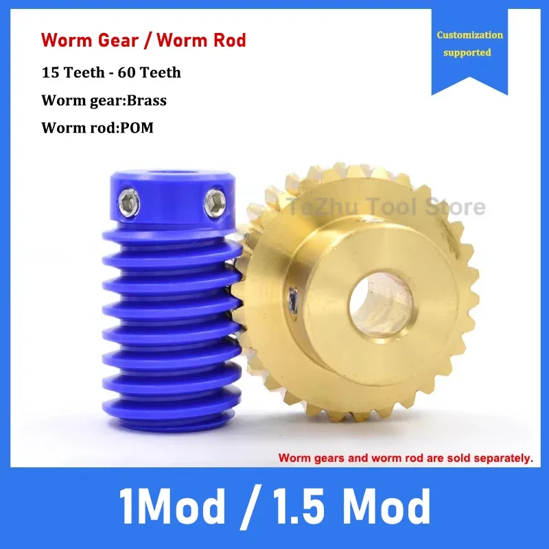 1Pc 1M/1.5M 15T-60T Brass Worm Gear Wheel POM Worm Rod 1/1.5 Modulus 15 Teeth-60 Teeth Worm Gear Round Bore & Keyway Bore