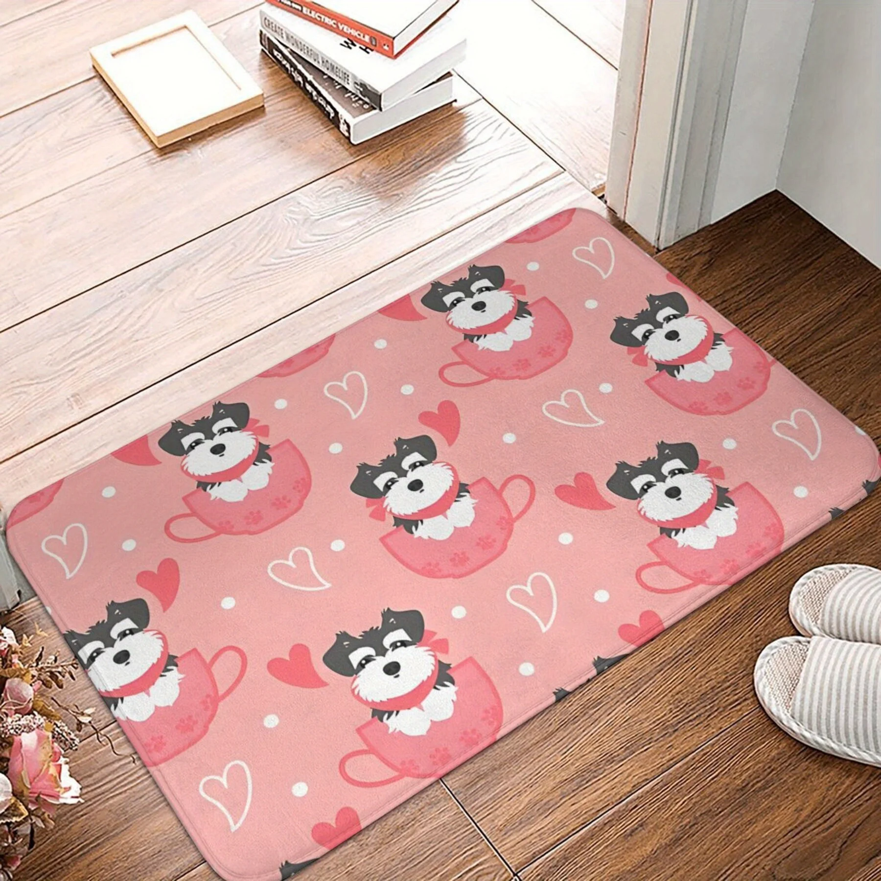 Miniature Schnauzer puppy teacup pattern playmat, polyester fabric, machine washable, suitable for bedroom and living room decor