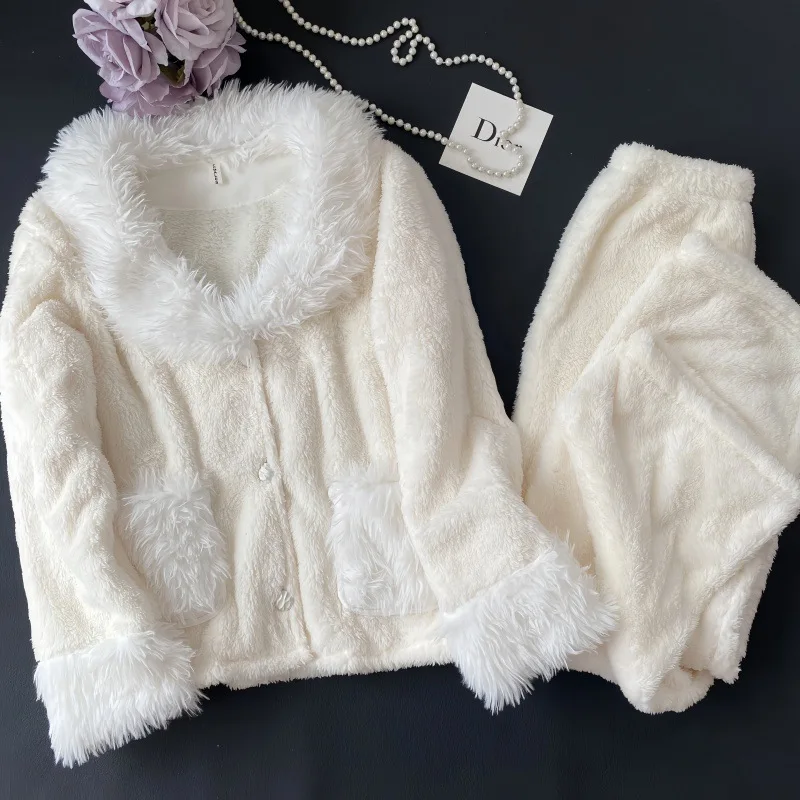 Winter Flannel Women Pajama Set Sleepwear Furry Lapel Long Sleeve Trouser Suits Thick Coral Fleece Sweet Homewear Sleepwear