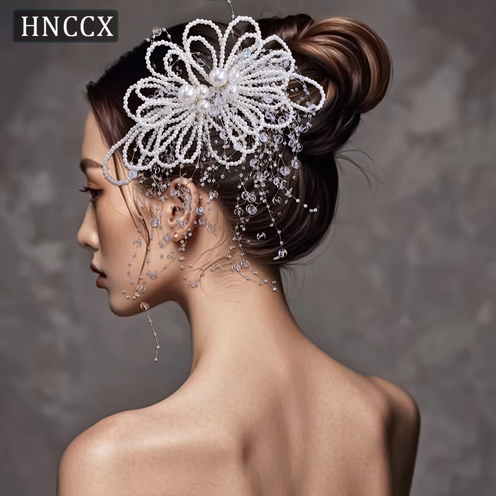 HNCCX Transparent Bead Tassel Wedding Hair Comb White Color Beaded Bride Headband Handmade Pearl Hair Hairpin Girl Gift CP717