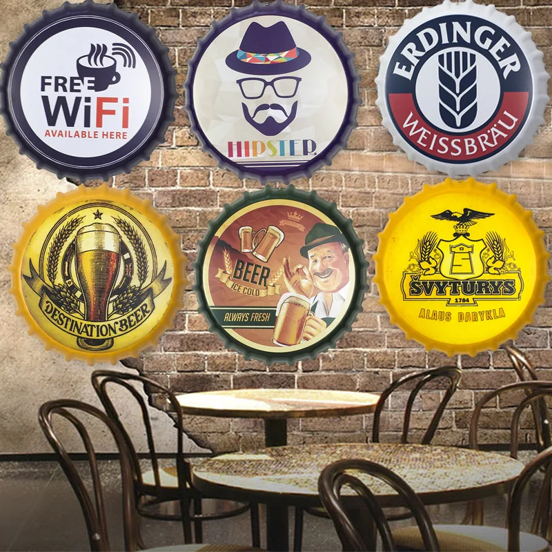 13.7in Wall Decoration Iron Sheet Painting American Retro Beer Cover Wall Decoration Hanging Industrial Style Bar Milk Tea Shop