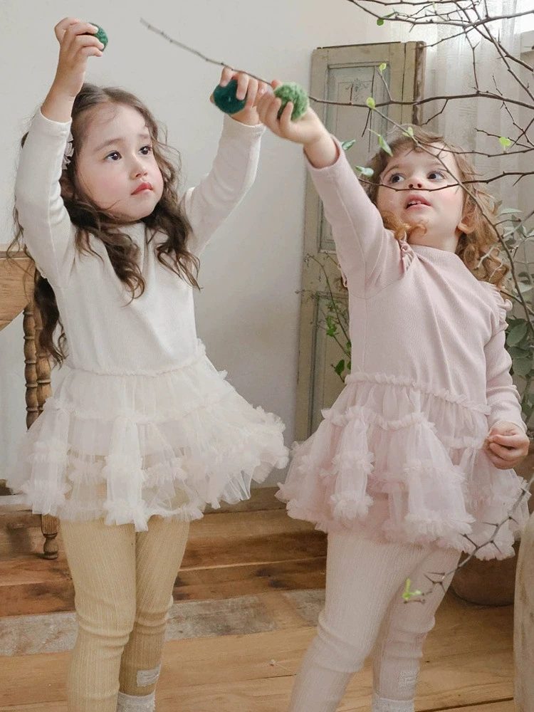 

Новое корейское детское платье для девочек на весну-осень 2026: Элегантное пышное сетчатое платье принцессы с длинным рукавом