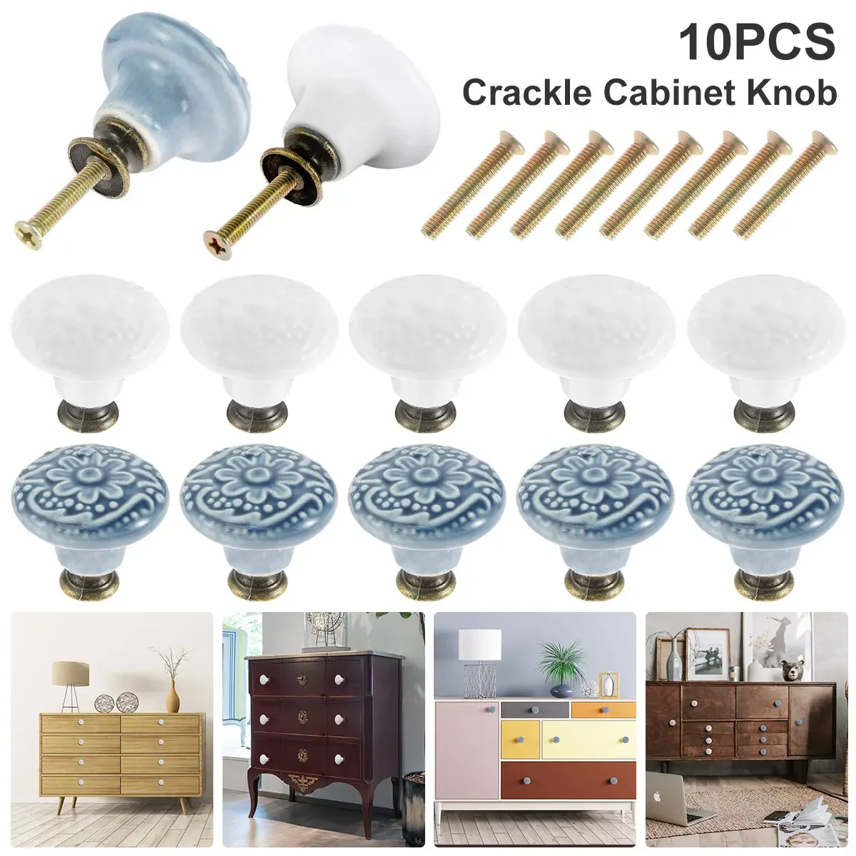 

10pcs Retro Drawer Handle Round Cupboard Door Pull Knob Ceramic Dresser Knob Single Hole Durable Drawer Handle Knob with 10 Scre