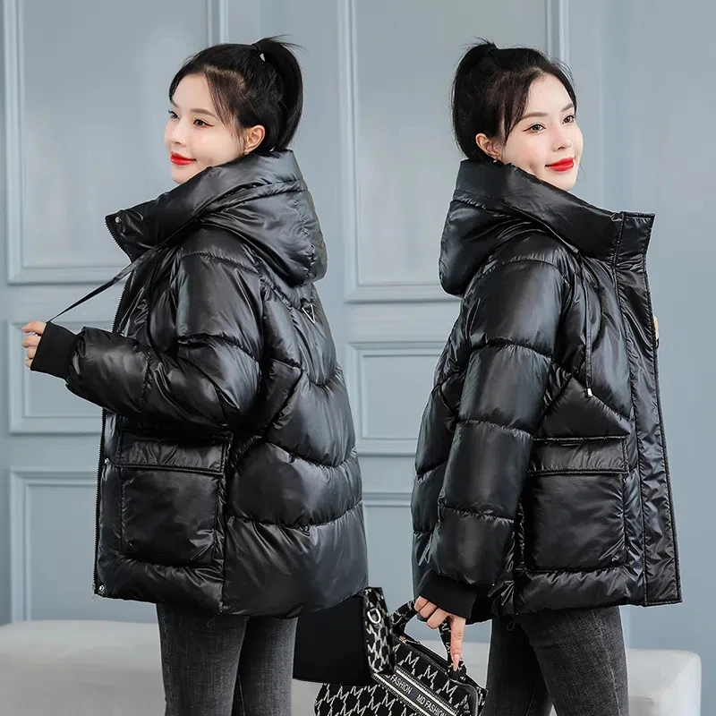 Chaqueta de invierno para mujer, abrigo de algodón brillante, chaqueta acolchada de algodón holgada coreana, Parkas con capucha para mujer, prendas