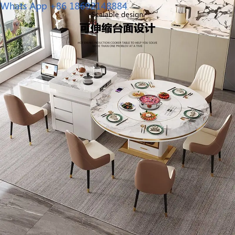 Marble Table Dining Set Luxury Compact Multi Functional with Induction Cooktop Extendable Round Square Convertible for Home Use