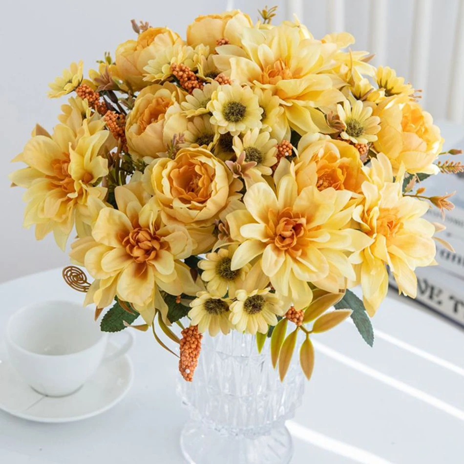 الحرير زهرة اصطناعية الساخن بيع أضاليا الورود ديزي ديكور حديقة المنزل بونساي الزفاف العروس باقة مهرجان الملونة تزين الدعامة