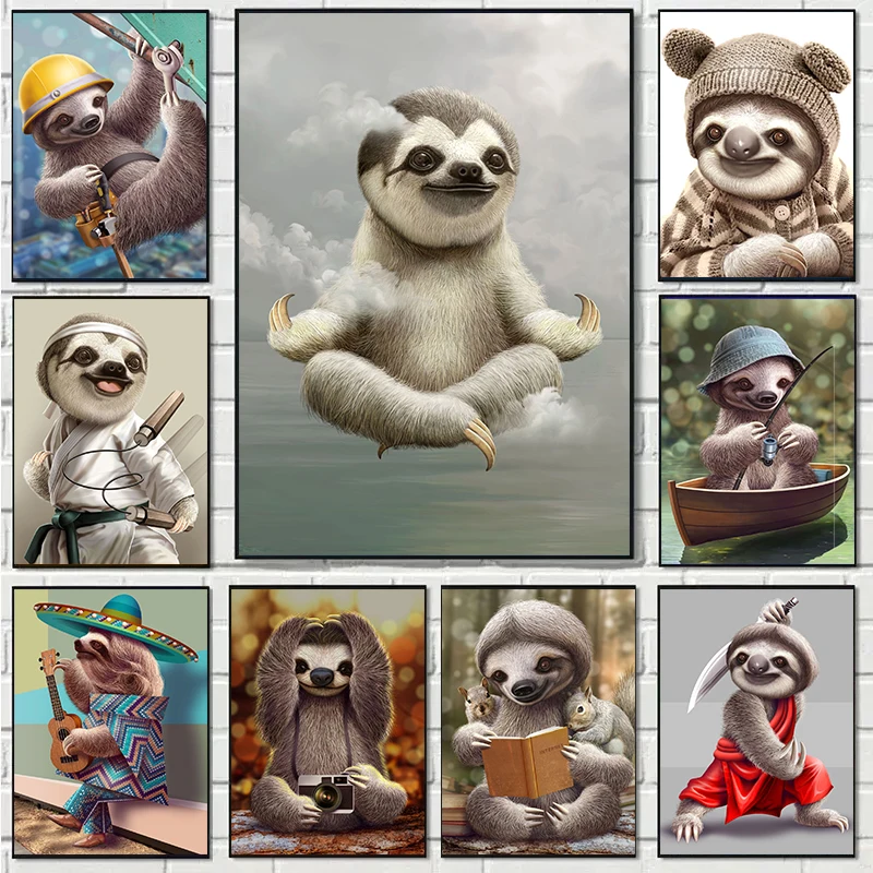 Funny Cute Animal Sloth Skipping Rope Surfing Posters and Prints Canvas Printing Wall Art Picture for Living Room Home Decor