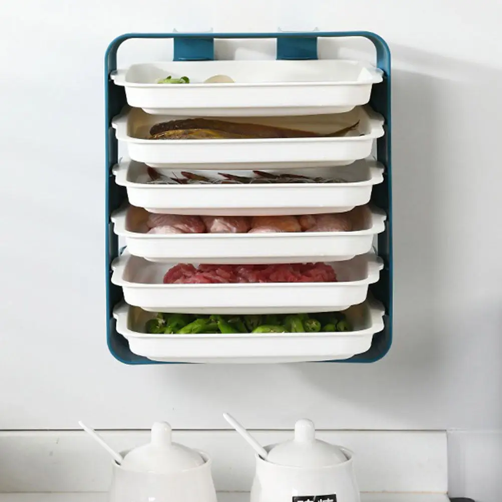 1Set Kitchen Draining Rack Blue Stackable Plastic Plates Break Resistant Side Dish Tray Hot Pot Vegetable Plate Wall-Mounted