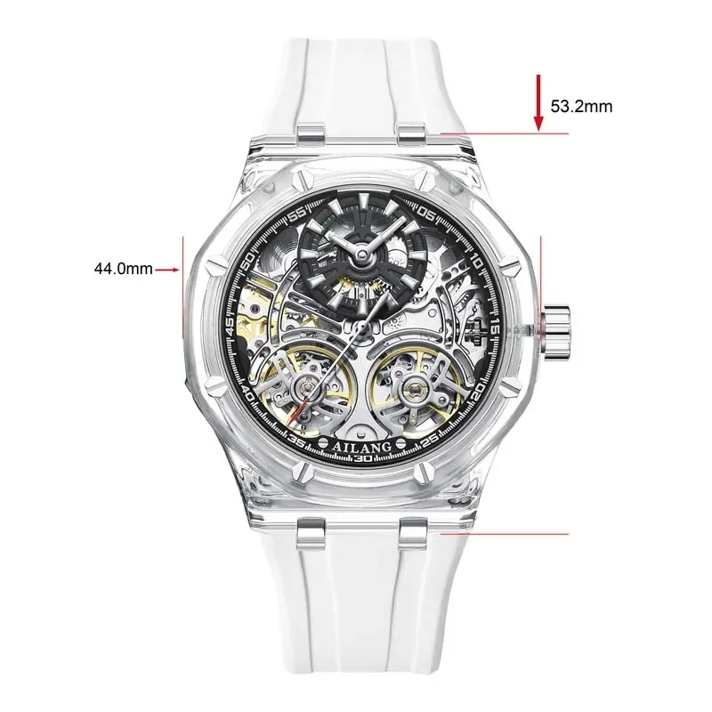 AILANG 8852 Men's Double Tourbillon Automatic Mechanical Watch Luxury Yellow Transparent Case Leisure Fashion with Rubber Strap