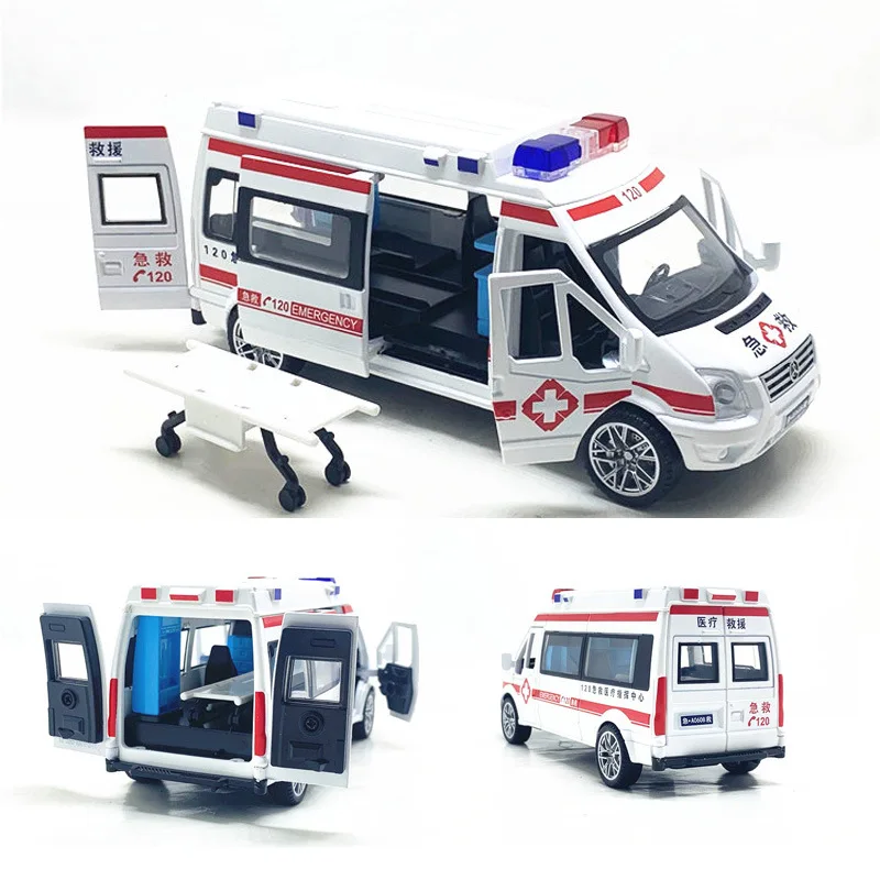 1:32 Alloy Ambulance Model Police Metal Car Sound And Light Pull Back Diecast City Fire Truck Boy Child Toy Gift