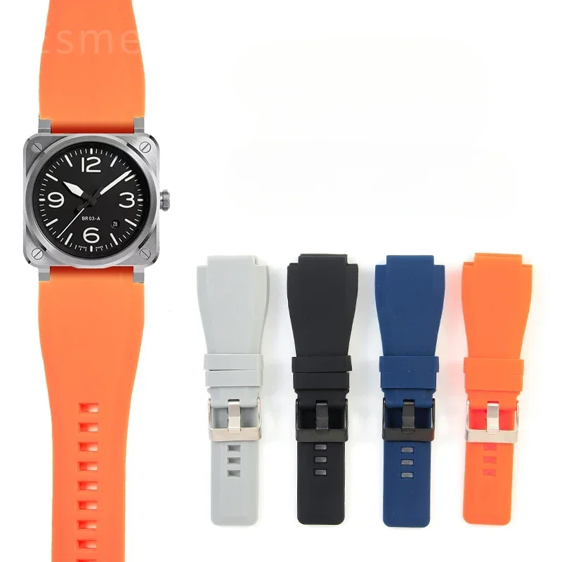 Exquisite Needle Buckle Silicone Watchbands for Bell Ross BR01 BR03 Series Soft Waterproof Breathable Strap 24mm