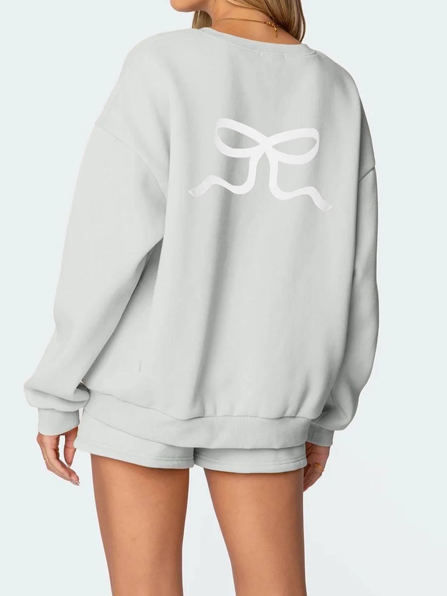Women 2 Piece Workout Outfits Cute Bow Print Long Sleeve Crew Neck Sweatshirt and Elastic Drawstring Shorts Tracksuits Set Daily