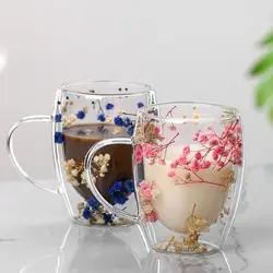 Elegant Full Sky Star Double Layer Glass Cup with Handle 350ml Dried Flowers Glass Mugs Heat Resistant Coffee Mug Flower Cup