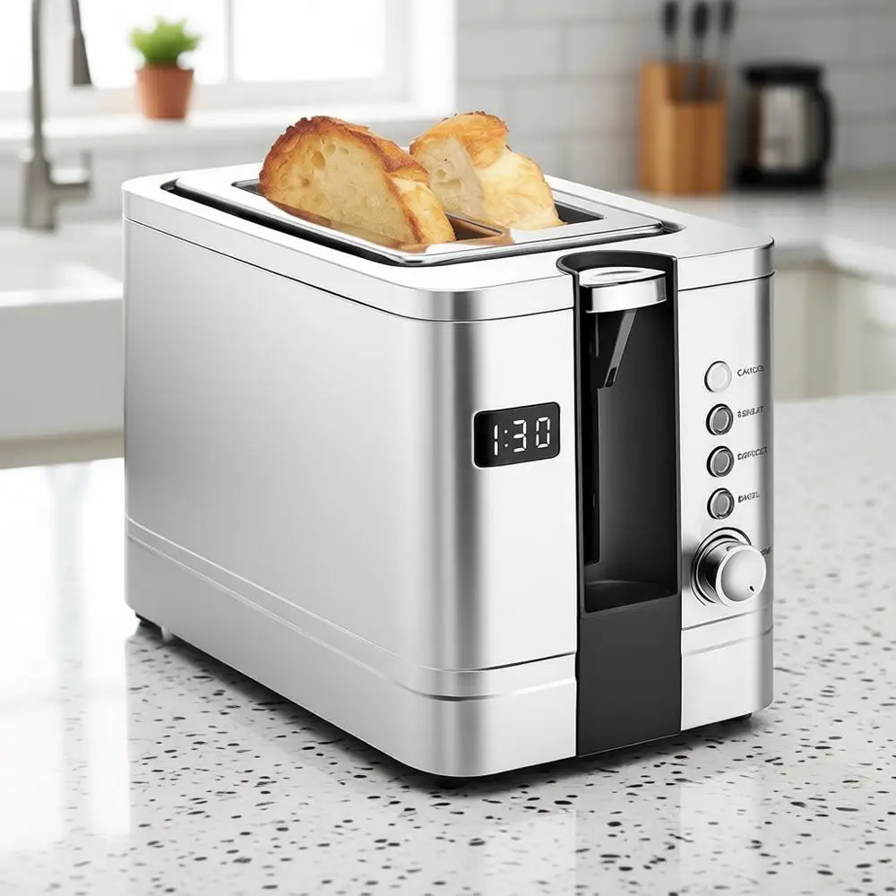 

Цифровой тостер, из нержавеющей стали, с очень широкими слотами, функции: тост, подогрев, отмена, съемный поддон для крошек.