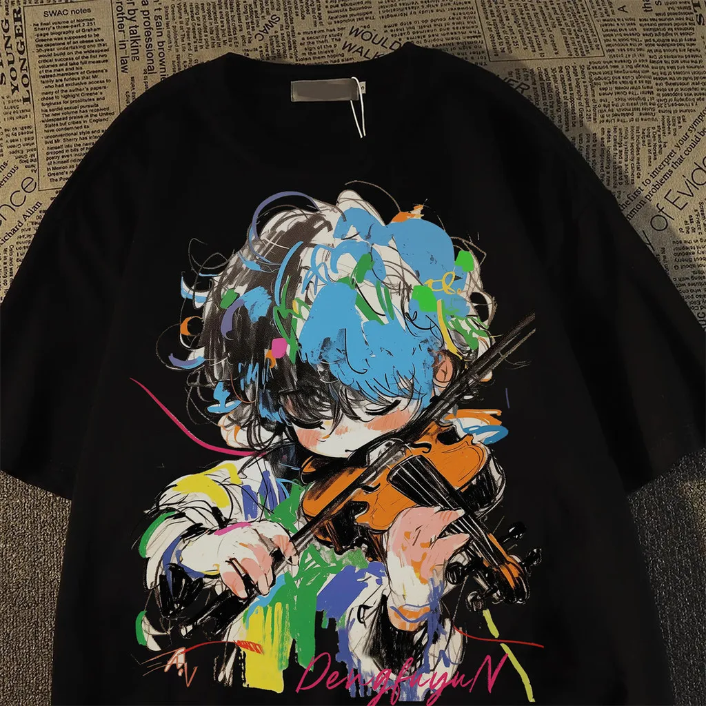 Camiseta de manga corta con estampado de violín de dibujos animados de verano, camiseta holgada sencilla de moda para hombres y mujeres