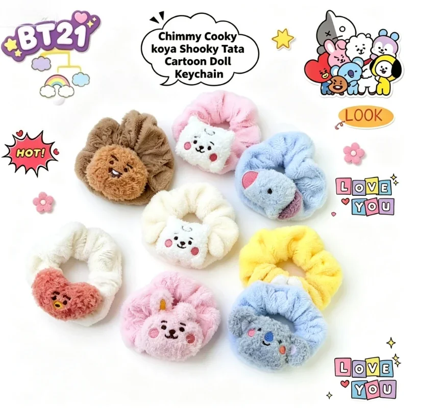 LINE FRIENDS Alle BT21 Charaktere Cartoon Scrunchies, Weiche Stoff-Haargummis mit Aufdruck, Niedliche Pferdeschwanzhalter Geschenk für K-Pop-Fans