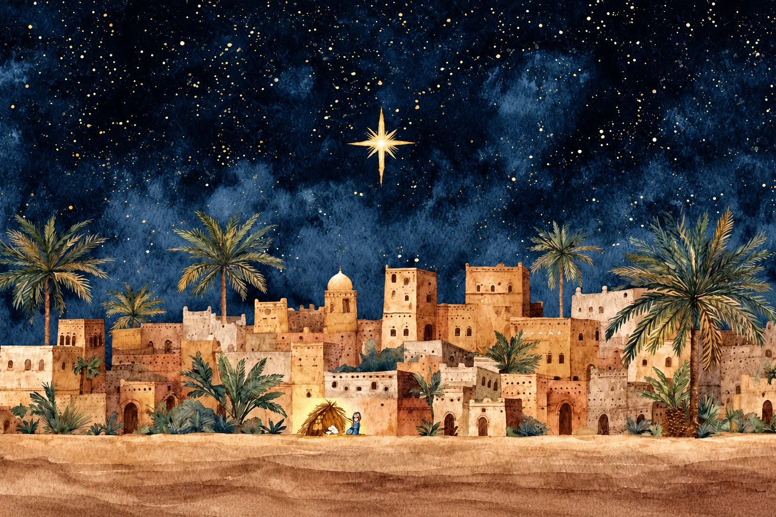 Nativity Christmas Backdrop Bethlehem Night Star Desert Village Palm Trees Religious Holiday Photography Background Party Decor