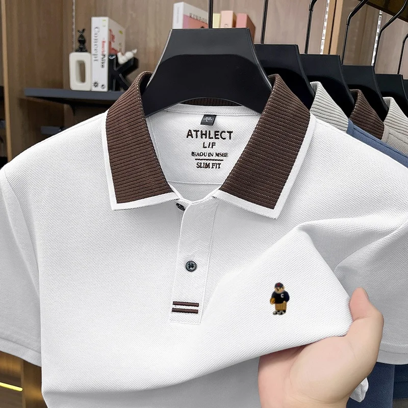 Luxuriöses 100% Baumwoll-Kurzarm-Poloshirt für Herren, neuer Trend, Marken-Cartoon-Bären-Stickerei, atmungsaktives, bequemes, lässiges Sommer-T-Shirt – Detail 9