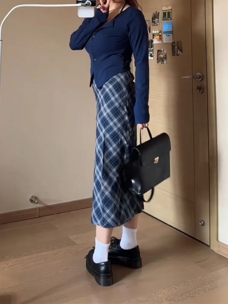 High Waist Plaid Midi Skirt Women's plus Size Conceal Meat Slim Pear ape A-Line Skirt Korean Sle Commute Pattern