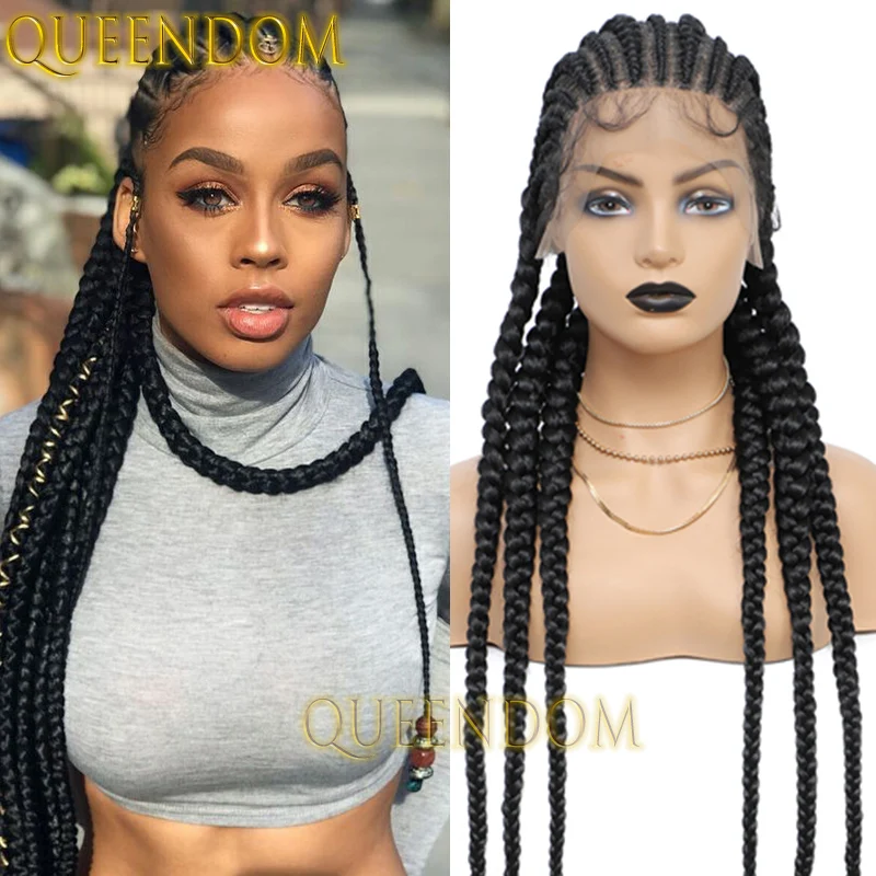 Full Lace Synthetic Braids Wig 36 Inch Knotless Jumbo Crochet Box Braided Wig Dutch Twins Cornrow Plait Braid Wig For Afro Women