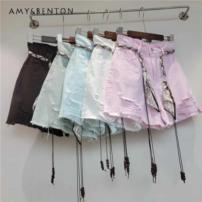 

Candy Color Ripped Denim Booty Pants High Waist A-line Wide Leg Shorts Green Casual Loose Trendy Daily Wear Ladies Jean Bottoms