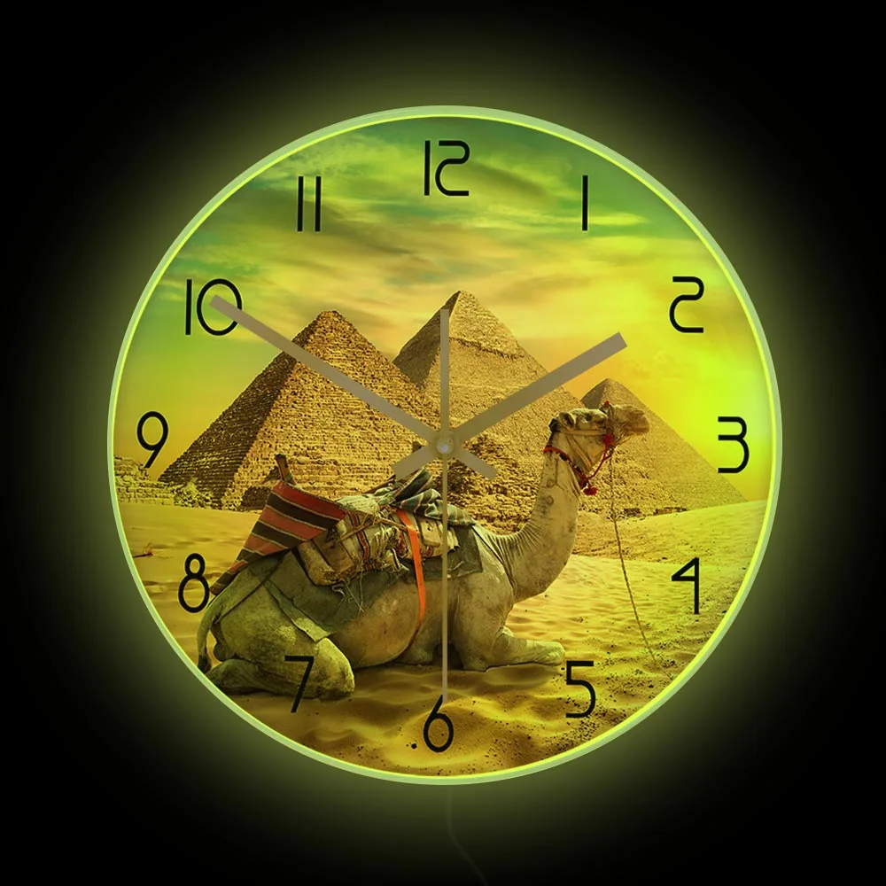 

Camel Sahara Animals LED Lighting Wall Clock Egyptian Home Decor Sunset Desert Egypt Pyramids Architecture Neon Light Sign Watch