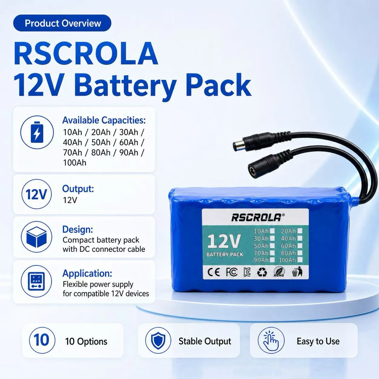 12V 10Ah-100Ah 18650 Li-ion Battery Pack Built-in BMS + Free Charger Deep Cycle Replace Lead Acid for Solar LED RC Power Supply