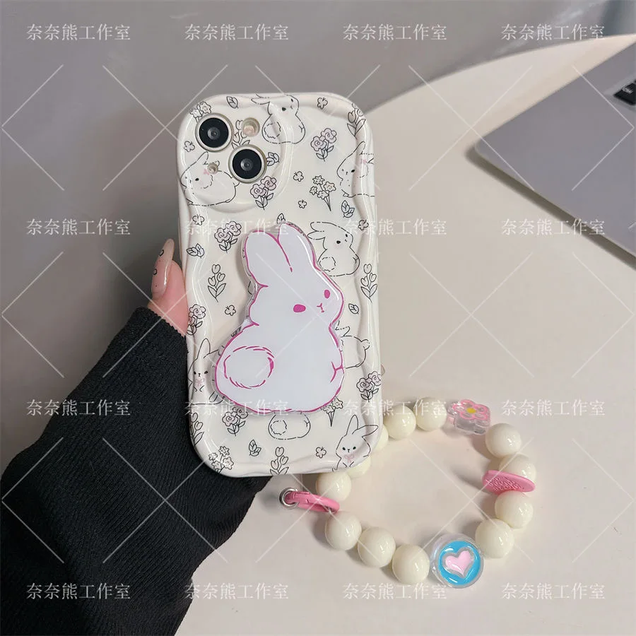 Funda de teléfono con soporte de onda 3D de conejo Floral para Samsung Galaxy S24, S23, S21, S20 FE Plus, Ultra 4G, 5G, cubierta trasera suave