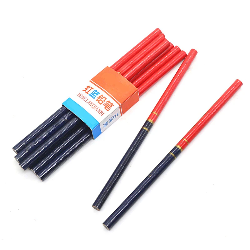 10PCS/Set Carpentry Pencil For Hand Tools Two Color Pen Construction Worker Woodworking Wood Blue Red Thick Core Round Pencil