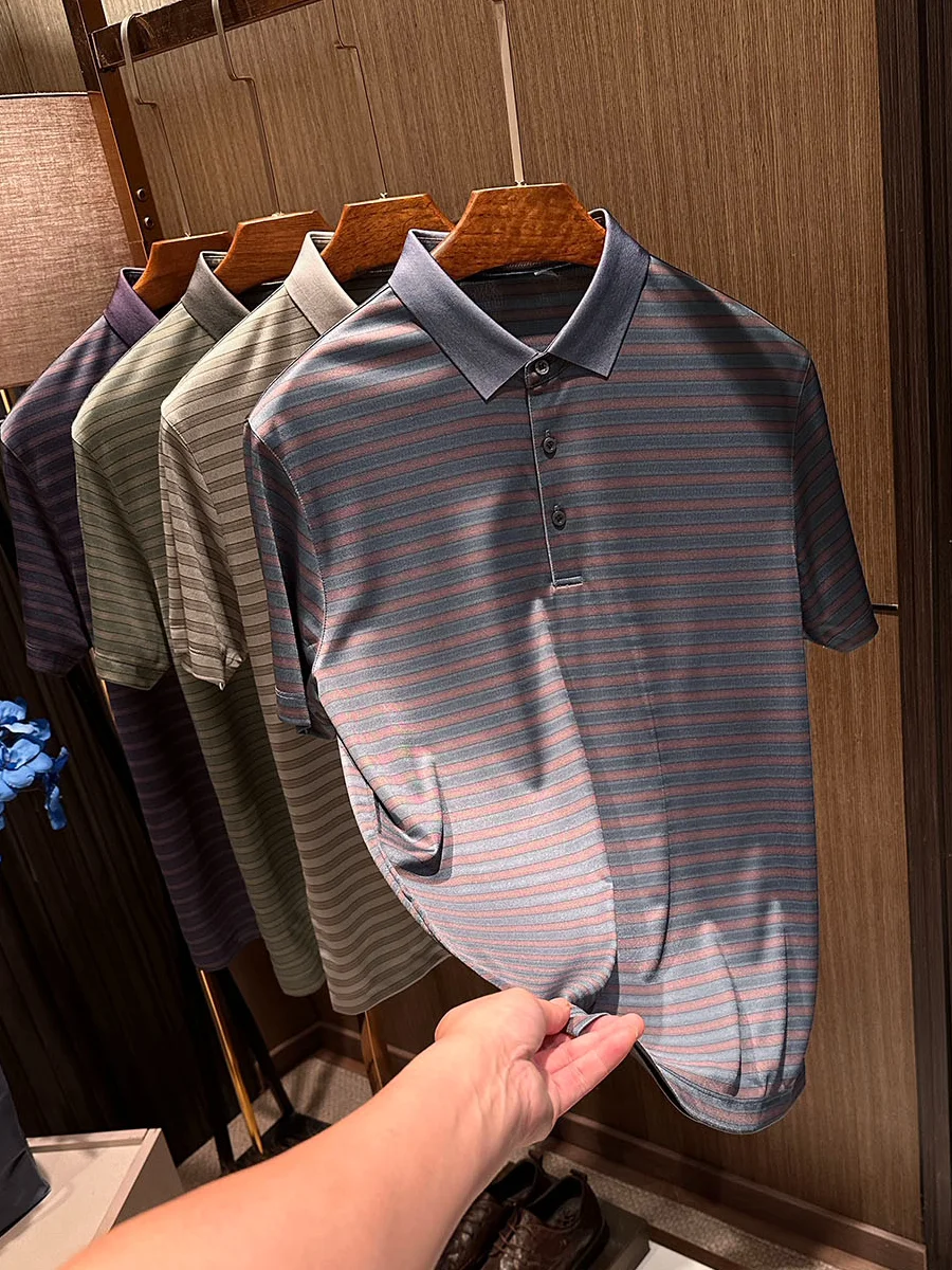 

Ele Мужская деловая повседневная футболка в полоску ort Sve Silk Blend Ice Cool, гладкий летний топ из полиэстера и вискозы