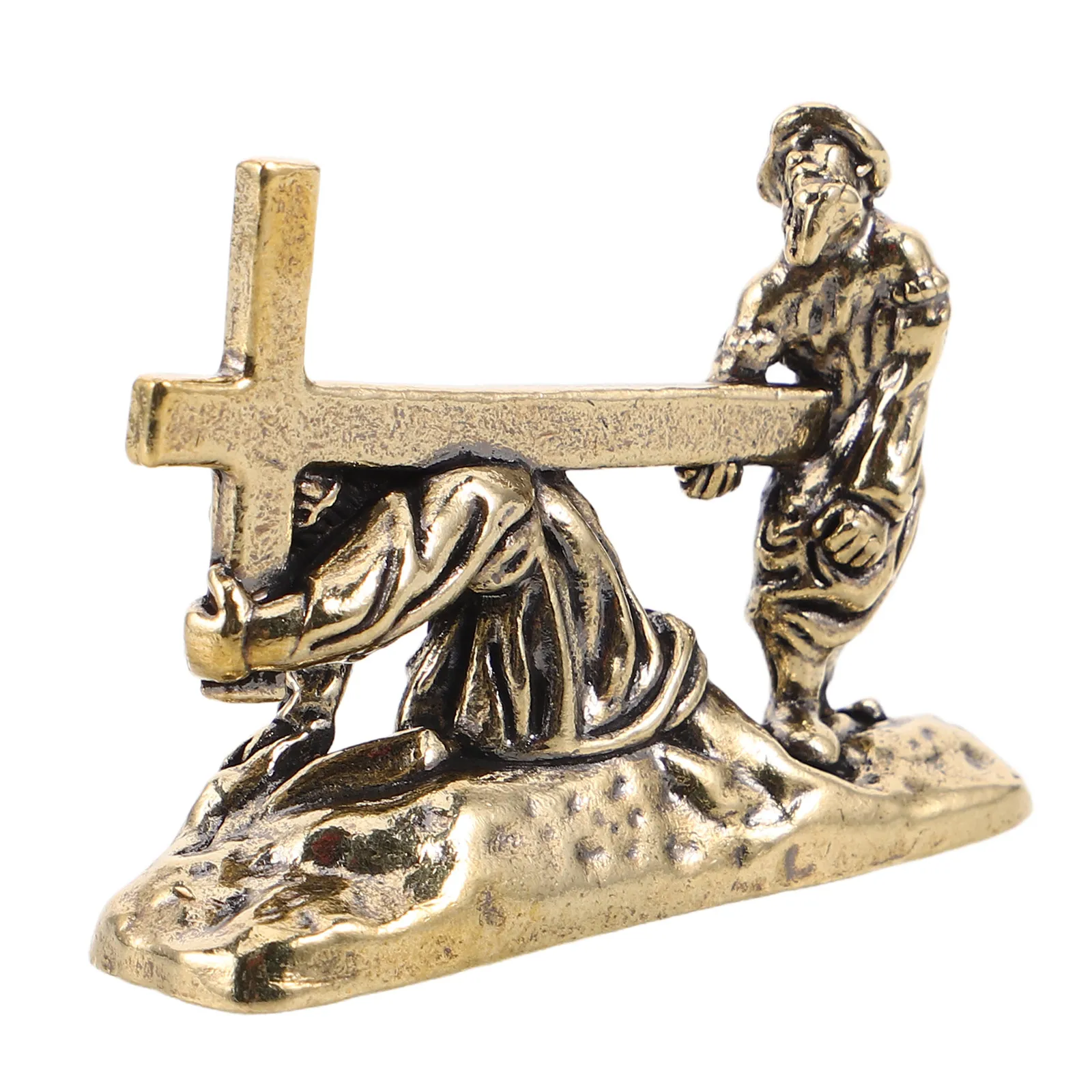 Brass Jesus Carrying Cross Statue Miniature Christian Home Altar Decor Tabletop Display Religious Keepsake