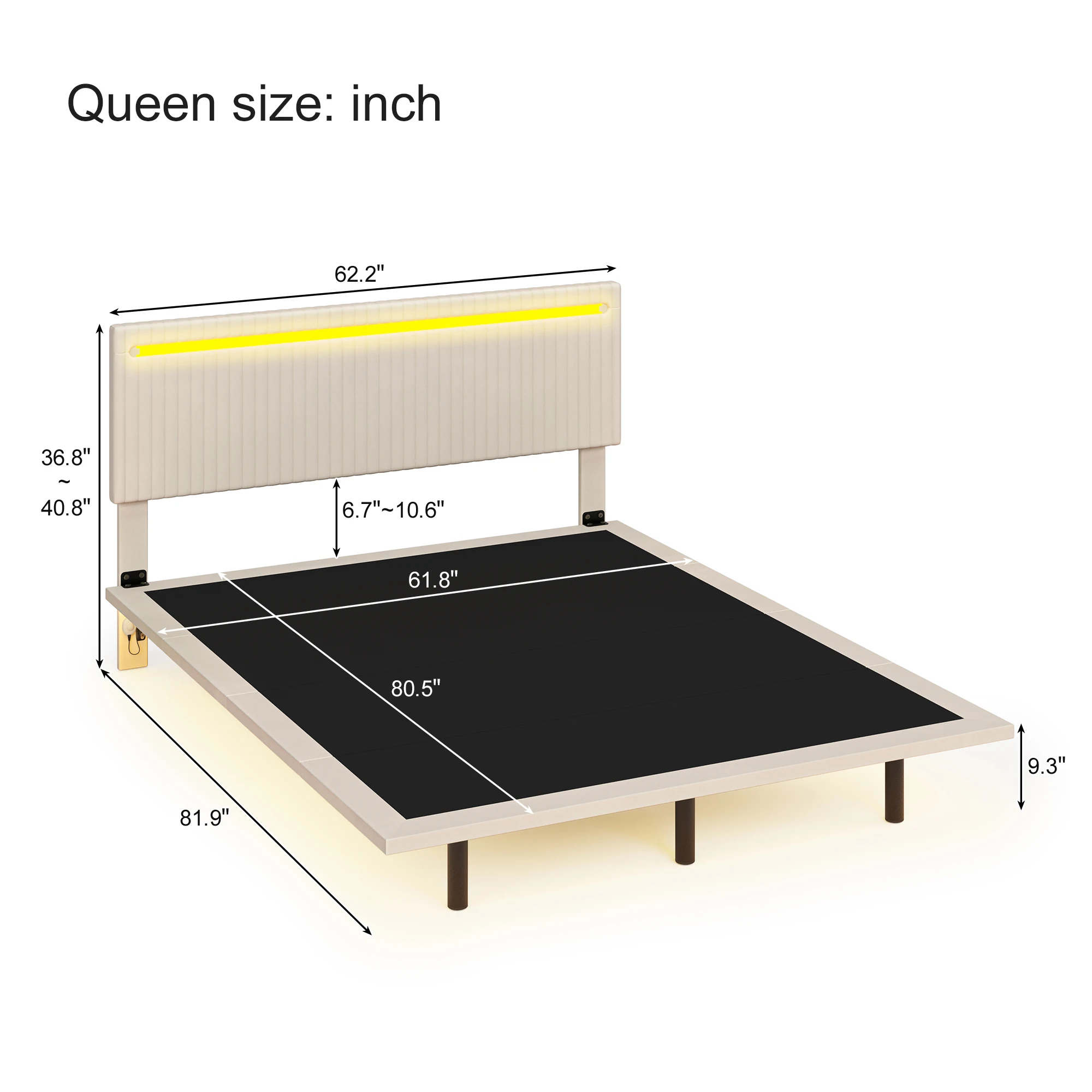 Modern Upholstered Floating Bed Frame with LED Lights, Vertical Channel Design Velvet Fabric Bed, No Box Spring Needed