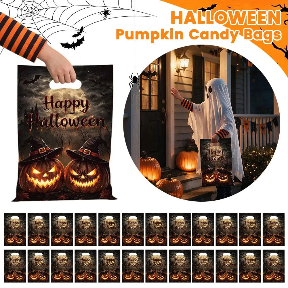 50/100/200Pcs Moon Castle Pumpkin Witch Hat Printed Treat Bags Dark Style Halloween Gift Bags Trick Or Treat Party Favor Handbag