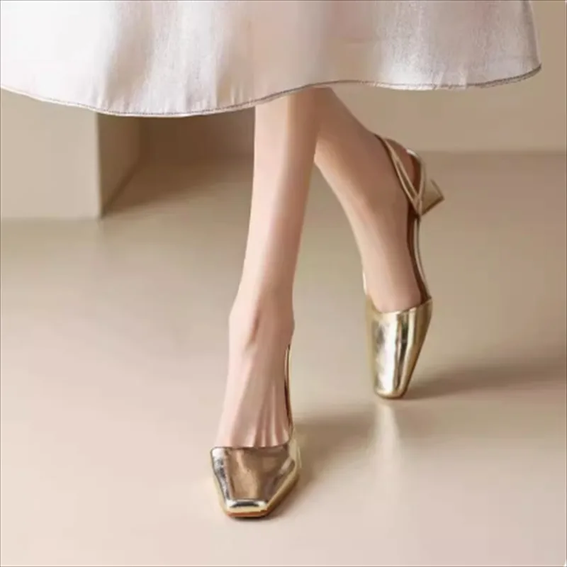 Summer Women Genuine Leather Pumps Square Toe Chunky Mid Heels Concise Ladies Fashion Career Shoes Silver Gold Shoes for Women