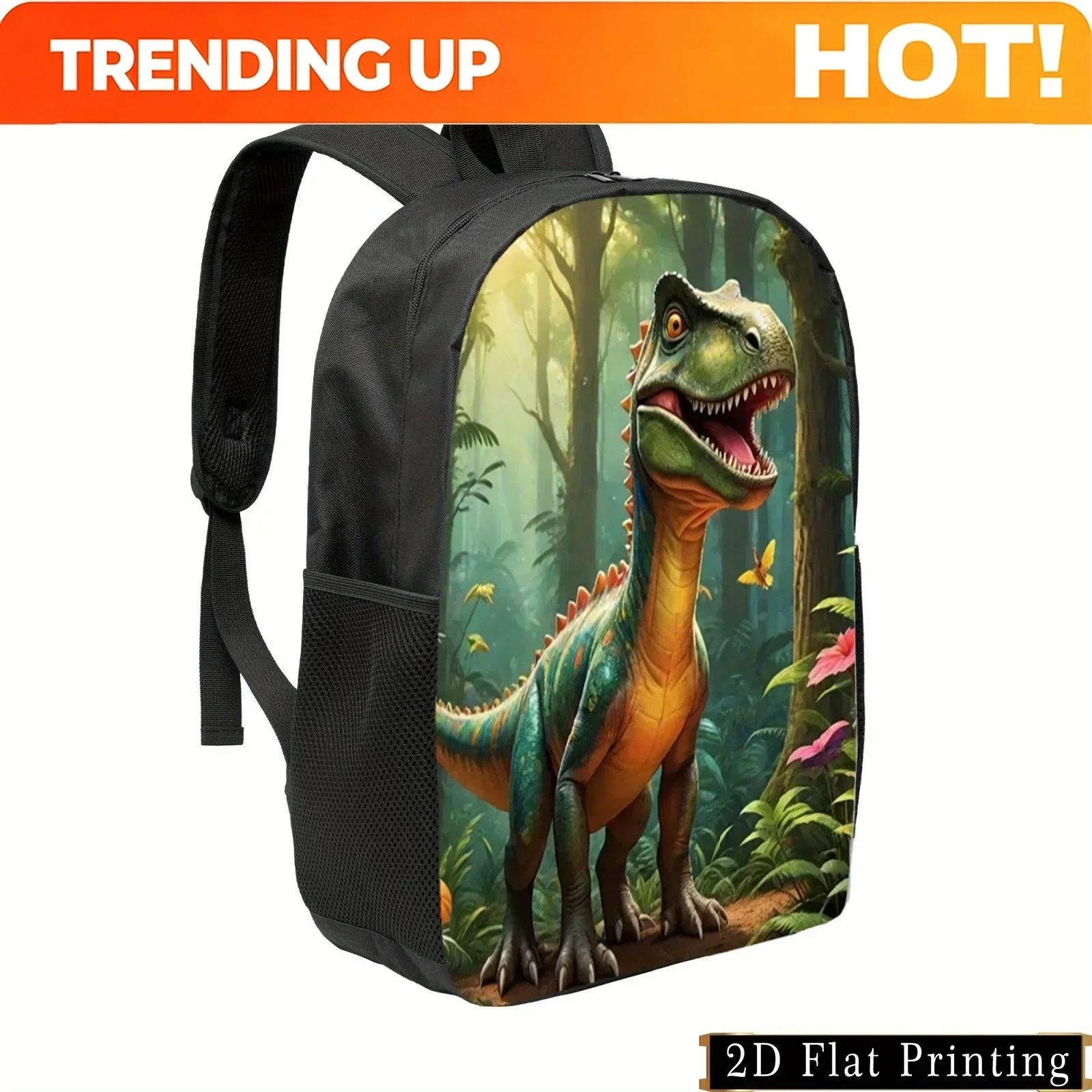 Custom Stylish Dinosaur Print Backpack Lightweight Large Capacity Foldable Bag With Adjustable Straps & Side Pockets