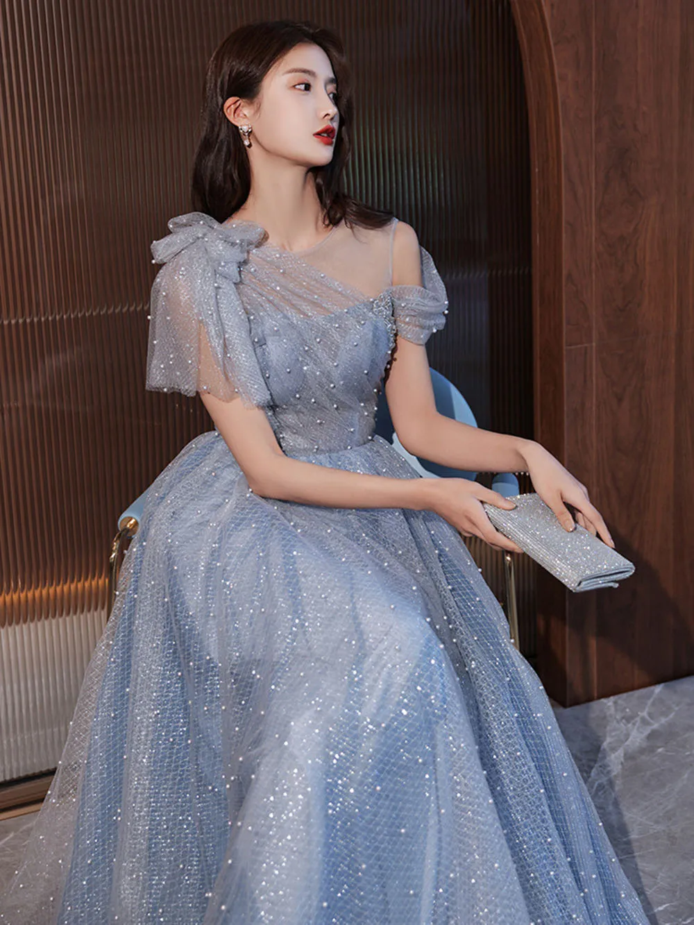 

Light Luxury Solid Color Beading Evening Dress Birthday Party Dress Classical Tulle Lace Up Bow Collar Long A-line Vestido