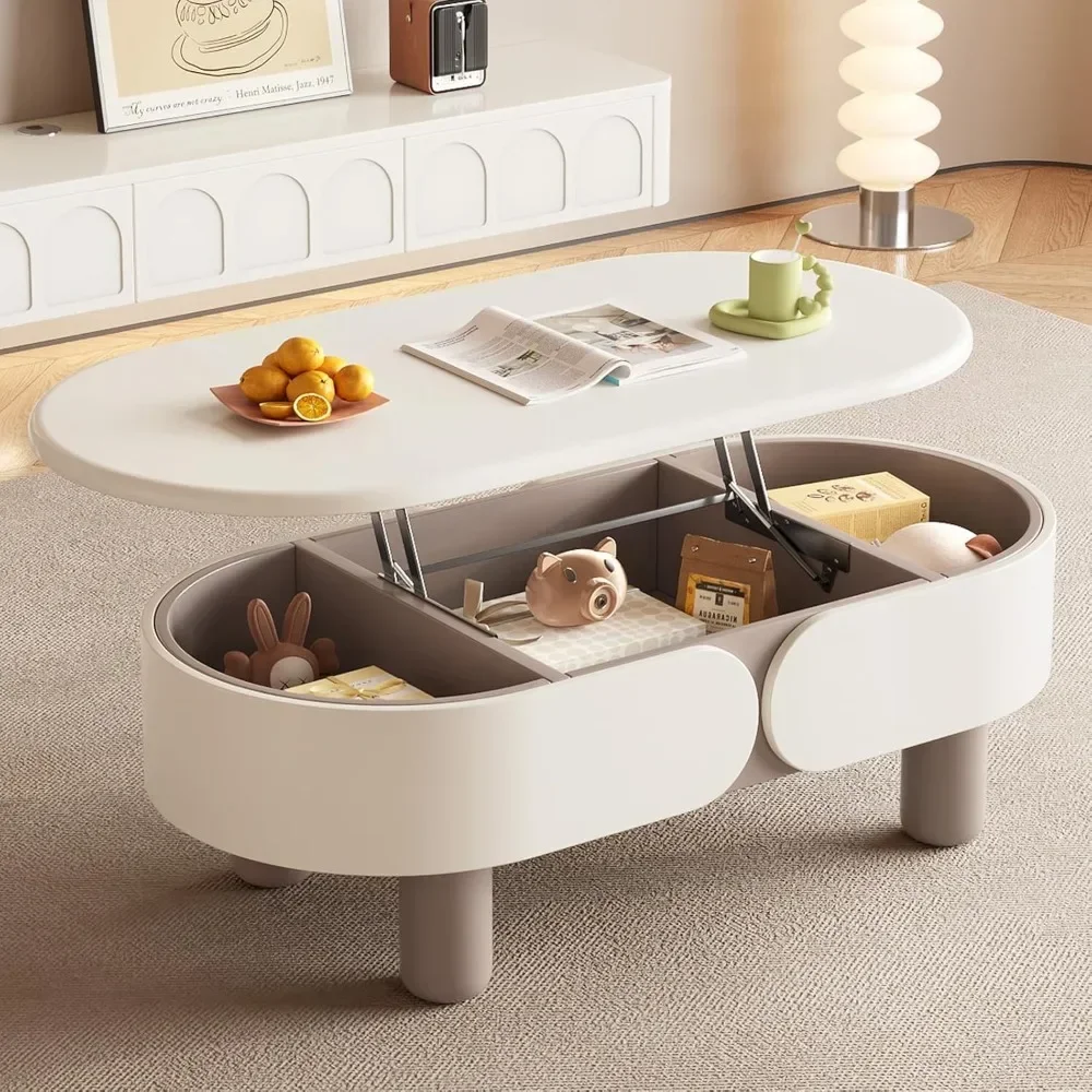 Creme Lift Top Coffee Table para sala de estar, espaço de armazenamento, mesa de café baixa sólida para quarto, mesa de chão creme