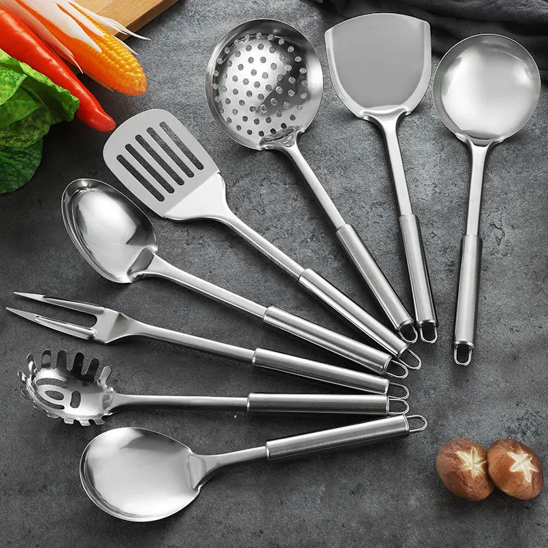 Stainless Steel Round Tube Kitchenware Set, Pot Shovel Set, Cooking Tool Sets, Scald Proof Soup Spoon, Cooking Shovel