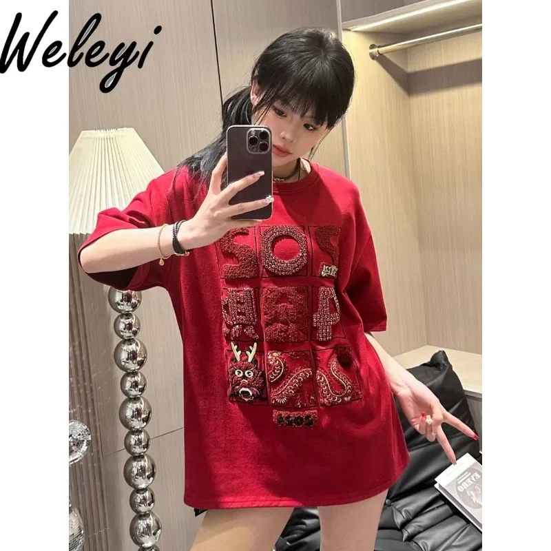 

Chinese Style Red Short Sleeve T-shirt Womens Spring Fashion and Versatile New Embroidered Diamond Encrusted Loose Bottoming Top