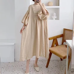 Johnature New Vintage Patchwork Lace Linen Dresses For Women 2024 Summer Loose Lantern Sleeve Solid Color Female Dress