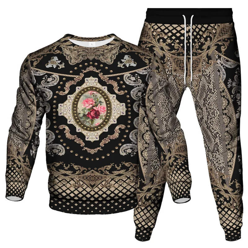 Luxury Vintage Baroque Style Spring And Fall New Men Clothing Suit Jogging Pants Sweatshirt 2Pcs Set Outdoor Casual Tracksuit