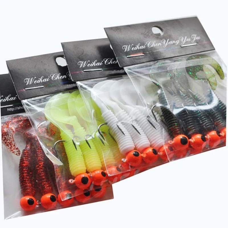 1 set 5pc jig hook 5g 6cm soft tail lure bait worm maggot silica fishing tackle grub bait for fishing perch tackle Silicone bait